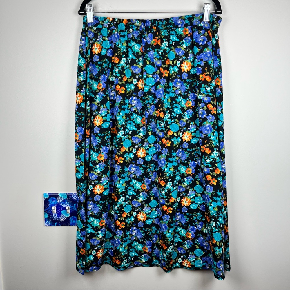 Vintage R&K Originals Blue Orange Floral Midi Skirt Cottagecore Rayon Large Boho - Picture 5 of 7